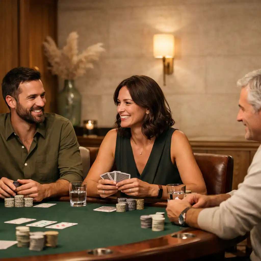 Barátok beszélgetnek fizikai kártyák mellett a Csendeskert Poker Lounge meleg fényű asztalánál.
