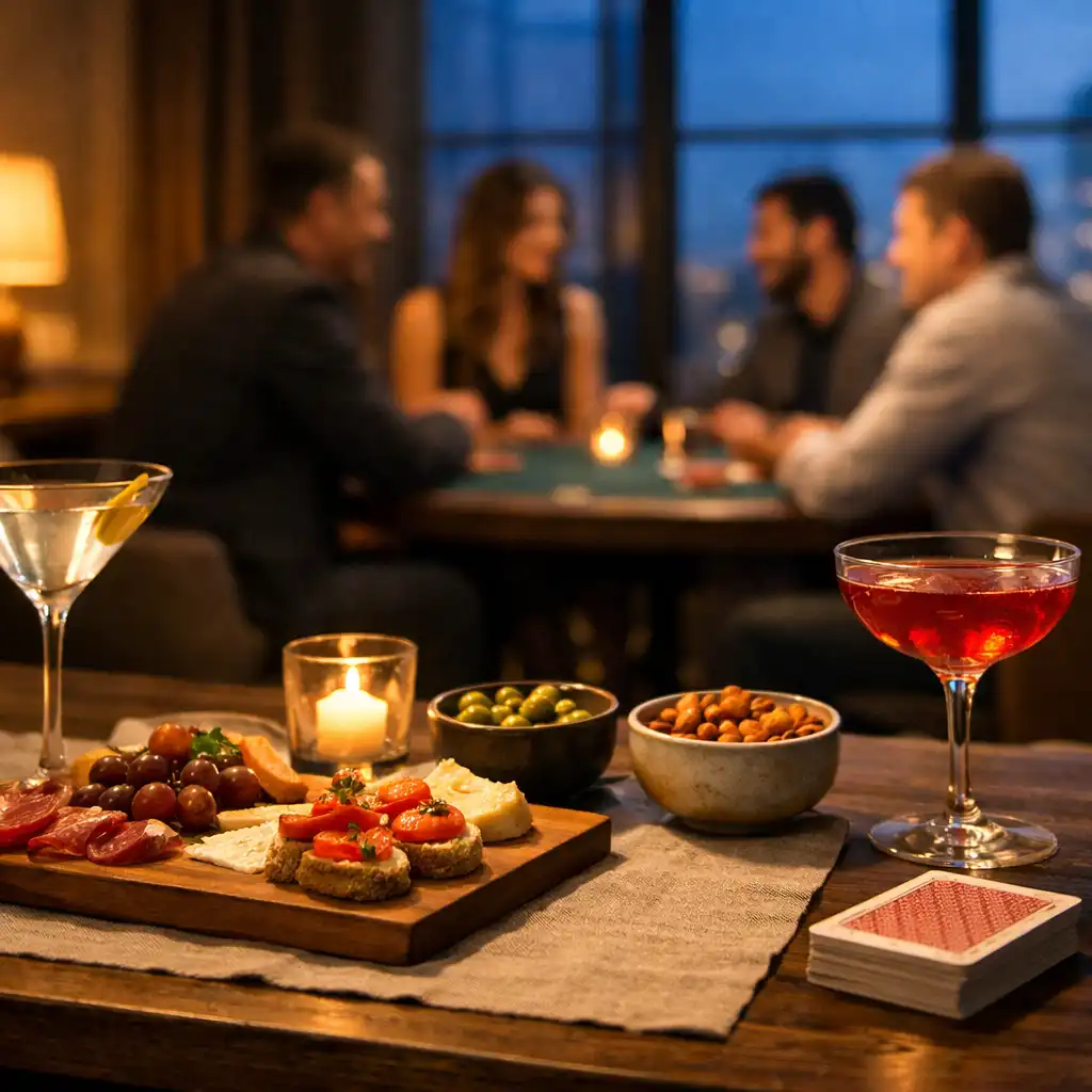 Esti falatok, italok és fizikai kártyák egy elegáns lounge asztalán