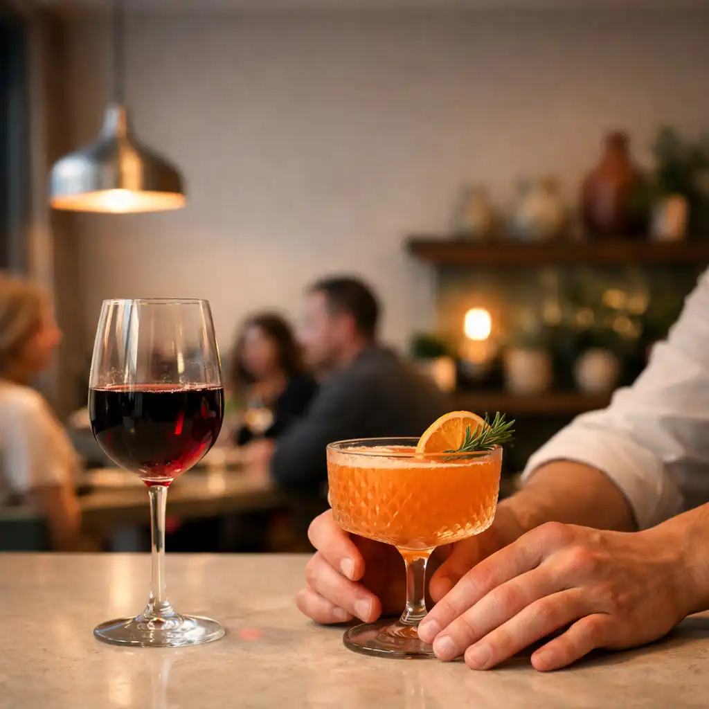 Bartender keze egy koktélt helyez el egy pohár magyar bor mellett a Csendeskert bárpultján.