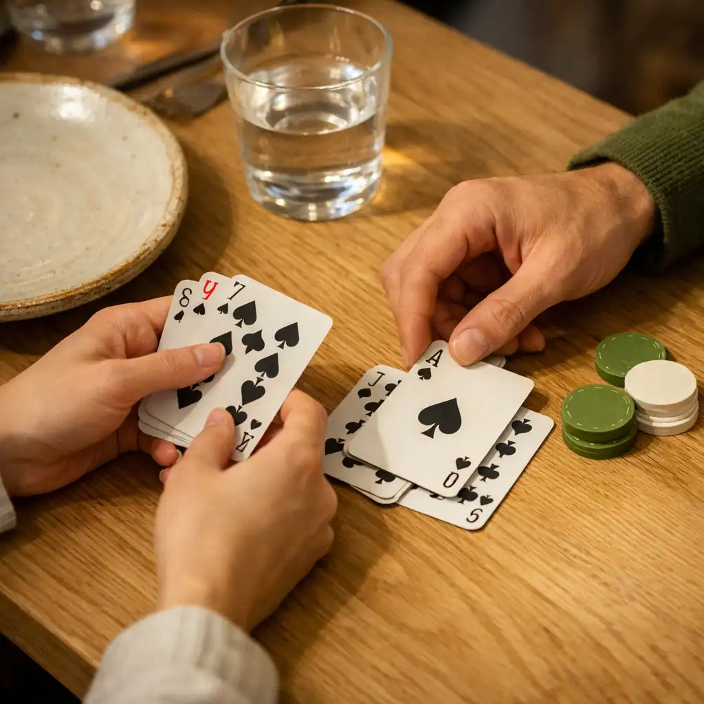Kezek fizikai játékkártyákat rendeznek egy világos faasztalon a Csendeskert Poker Lounge-ban.
