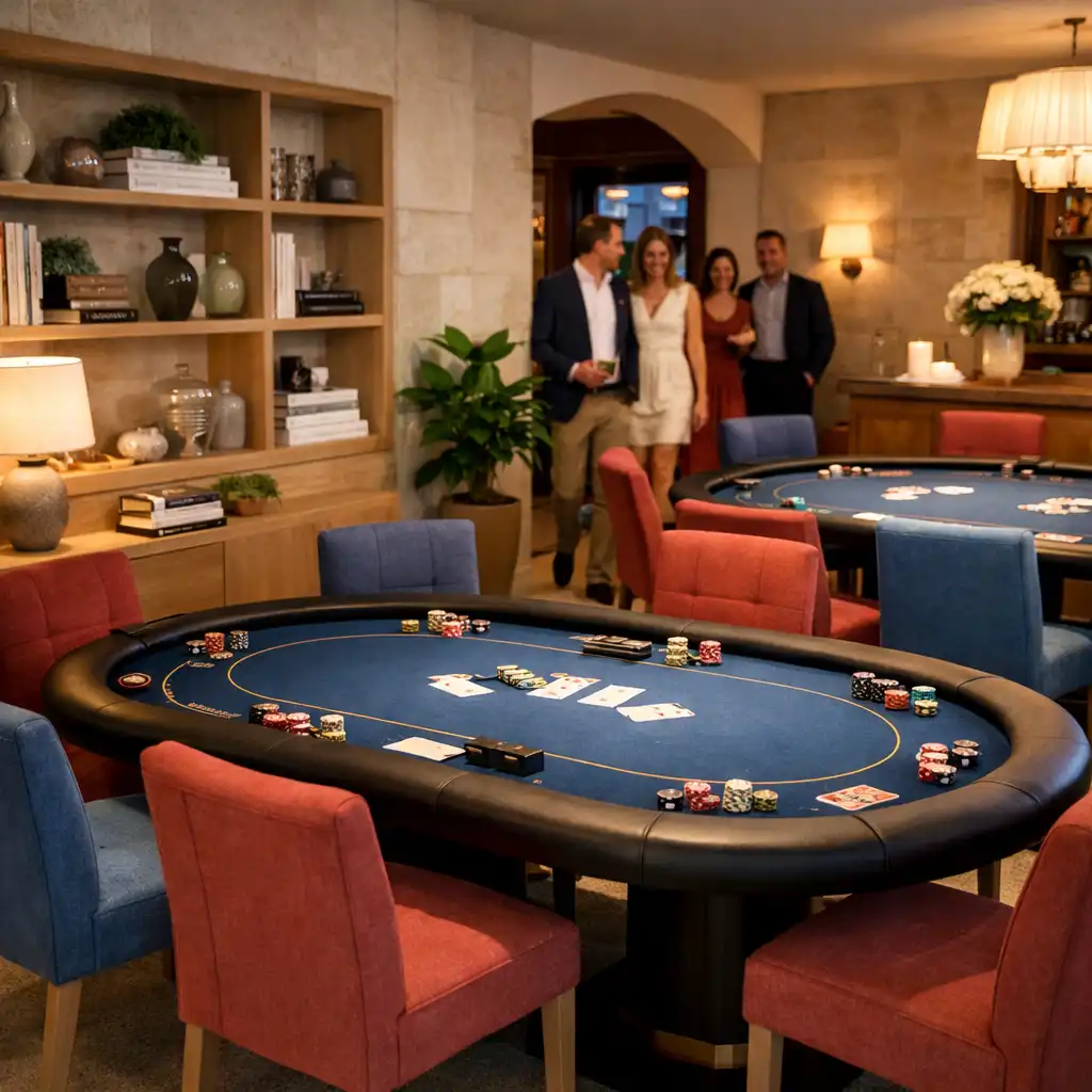 Elegáns Poker Lounge fizikai pókerasztalokkal és beszélgető vendégekkel Budapesten.