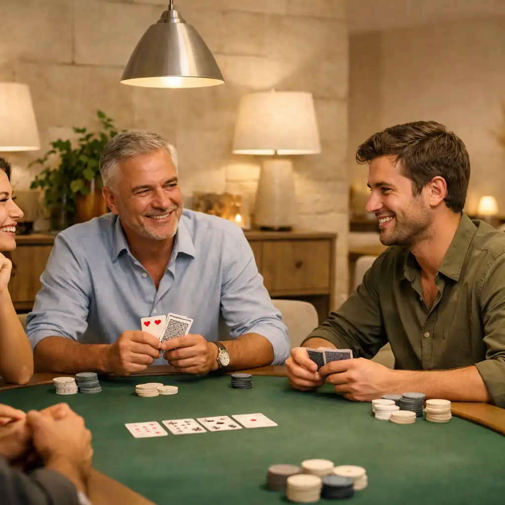 Beszélgető baráti társaság fizikai kártyákkal egy világos, meleg hangulatú Poker Lounge asztalánál.