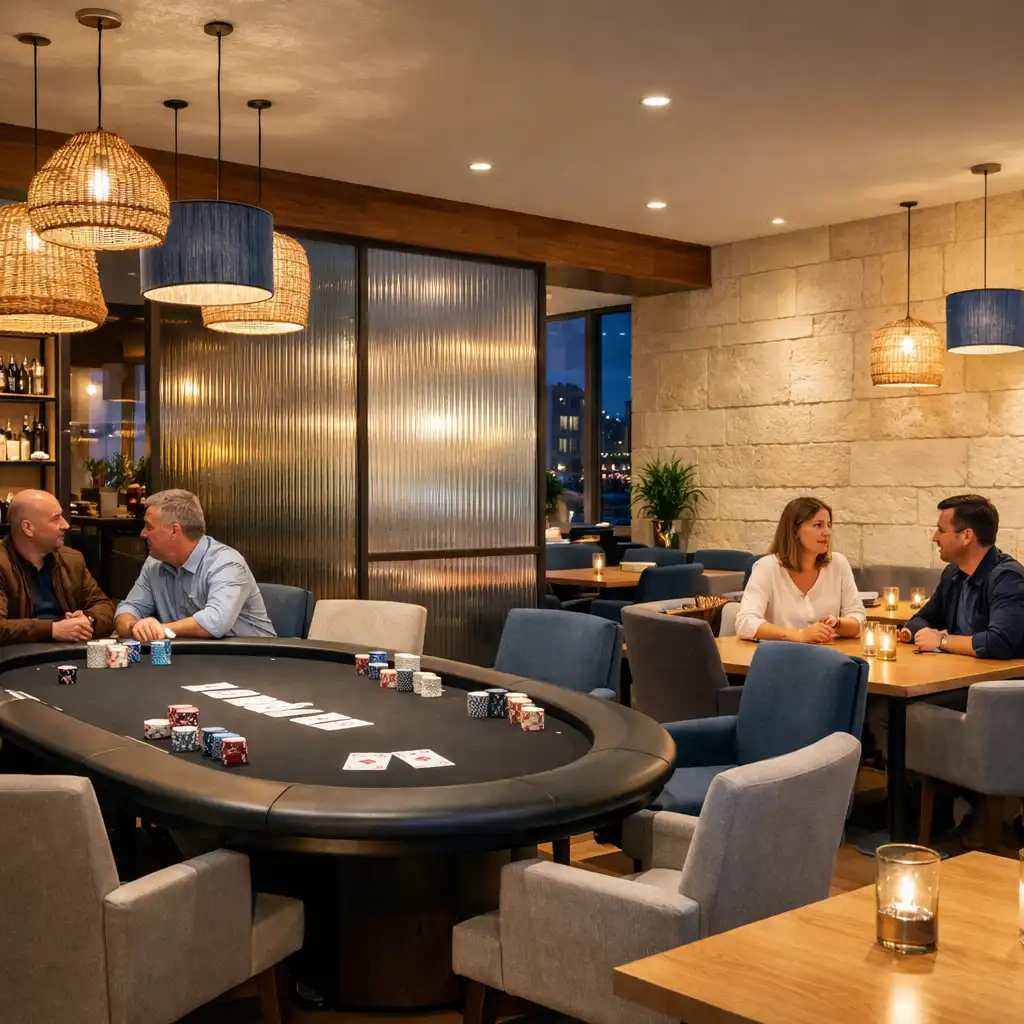 Kortárs budapesti Poker Lounge hosszú asztalokkal, beszélgető vendégekkel és fizikai kártyákkal